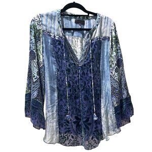 Hale Bob Blue Fainne Kimono Burnout Tie Dye Tunic Top Womens Size S Silk Blend